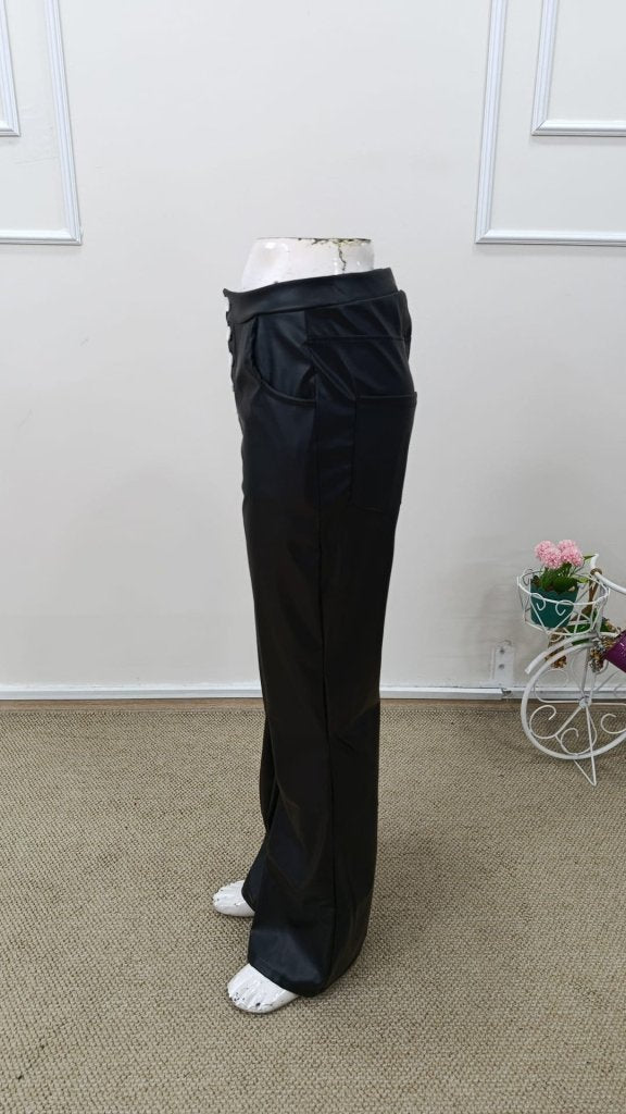 Pantaloni din piele pentru femei cu talie înaltă și nasturi în față, 32065