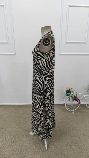Kadın Askılı Yuvarlak Yakalı Zebra Desenli Uzun Süprem Elbise , 31683