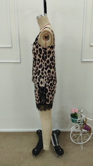 Kadın Askılı V Yakalı Dantel Detaylı Leopar Desenli Süprem Atlet Ve şort Ikili Takım , 31710