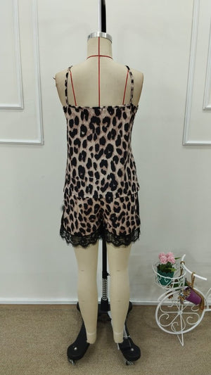 Kadın Askılı V Yakalı Dantel Detaylı Leopar Desenli Süprem Atlet Ve şort Ikili Takım , 31710