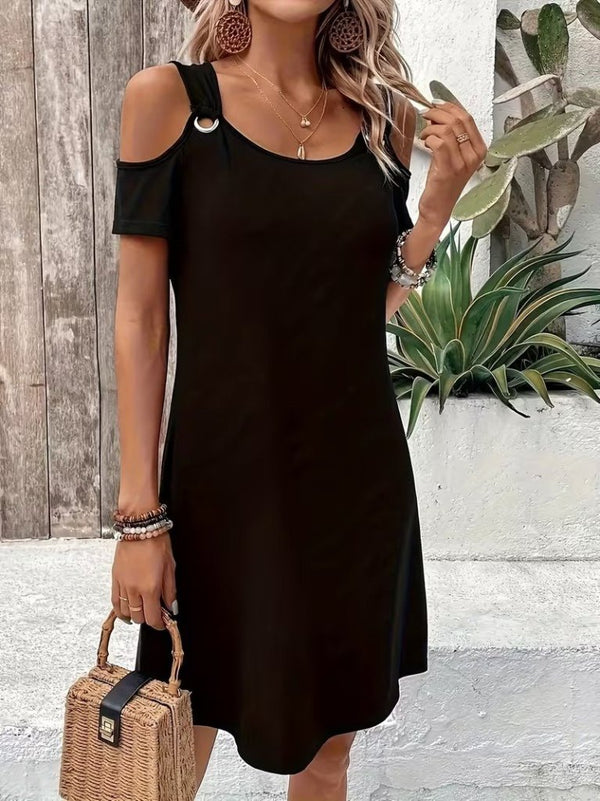 Rochie mini din viscoză cu mânecă scurtă, fără umeri, pentru femei, cu detaliu tip ochi de pasăre, 31723