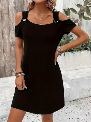 Rochie mini din viscoză cu mânecă scurtă, fără umeri, pentru femei, cu detaliu tip ochi de pasăre, 31723