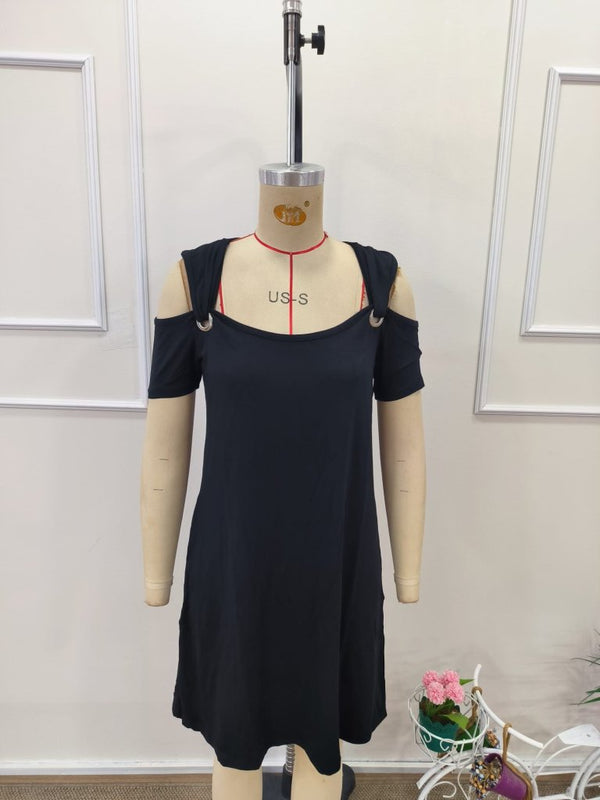 Rochie mini din viscoză cu mânecă scurtă, fără umeri, pentru femei, cu detaliu tip ochi de pasăre, 31723