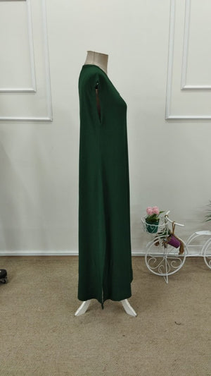 Rochie lungă cu bretele, decolteu în V și crăpături laterale, model creț, 31719
