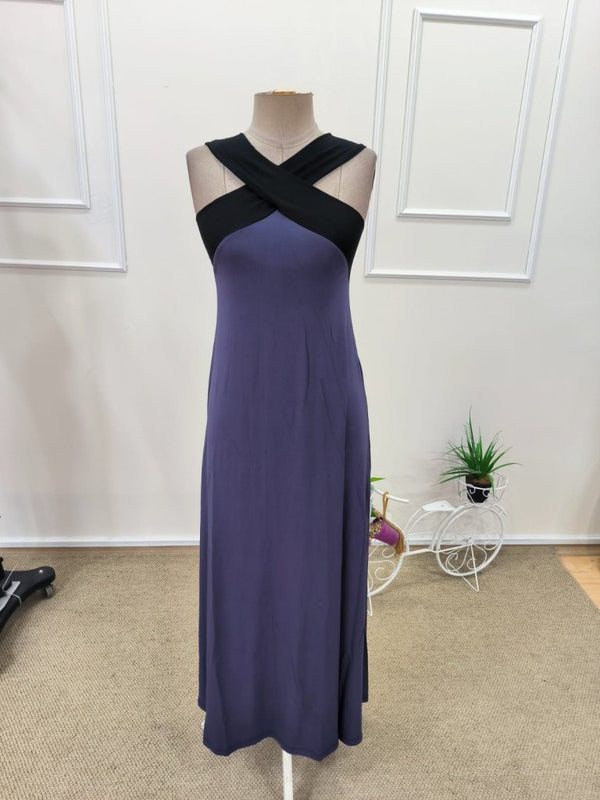 Rochie lungă din viscoză bicoloră pentru femei, cu detaliu cruce în față, 31850