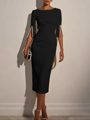 Rochie midi din crep importat, cu mânecă scurtă și perle, cu decolteu rotund, 31910