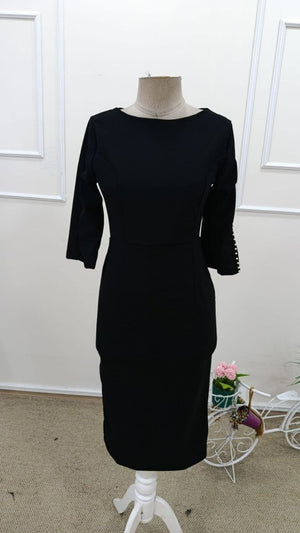 Rochie midi din crep importat, cu mânecă scurtă și perle, cu decolteu rotund, 31910