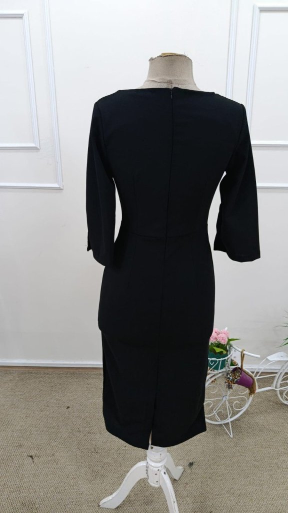 Rochie midi din crep importat, cu mânecă scurtă și perle, cu decolteu rotund, 31910