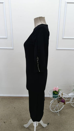 Rochie midi din crep importat, cu mânecă scurtă și perle, cu decolteu rotund, 31910