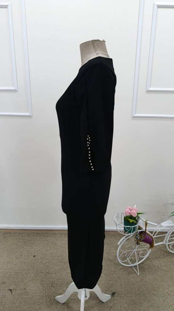Rochie midi din crep importat, cu mânecă scurtă și perle, cu decolteu rotund, 31910