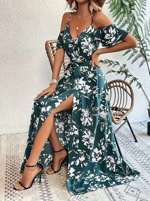 Rochie Supreme pentru femei, cu model, mânecă scurtă, decolteu înfășurat, crăpături, cu bretele, 31943
