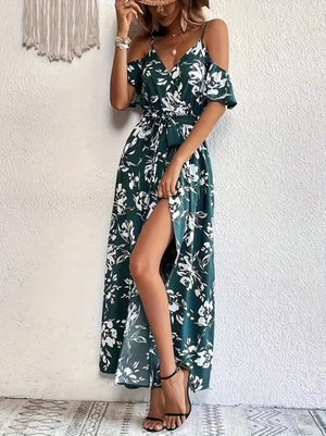 Rochie Supreme pentru femei, cu model, mânecă scurtă, decolteu înfășurat, crăpături, cu bretele, 31943
