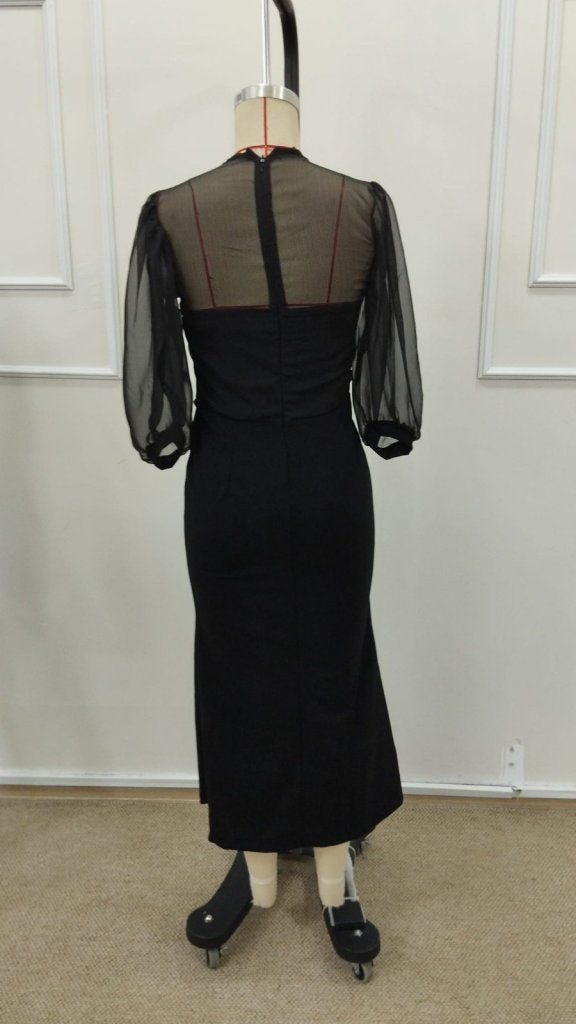 Rochie lungă din crep importat, cu mânecă Truvakar, guler rotund, fără curea, cu crăpături, pentru femei, 33370