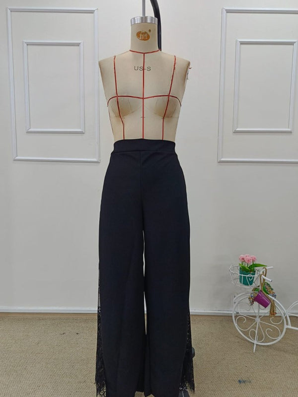 Pantaloni de damă din crep importat cu talie înaltă și garnitură laterală din dantelă, 34487