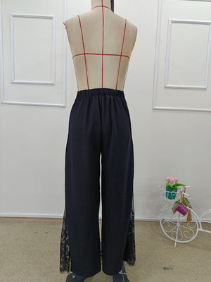 Pantaloni de damă din crep importat cu talie înaltă și garnitură laterală din dantelă, 34487