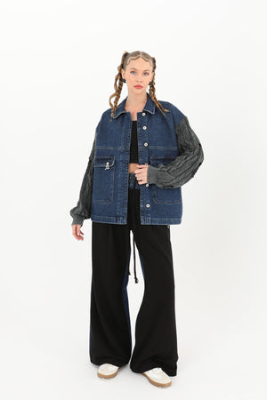 Kadın Triko Kol Detaylı Denim Ceket -32041CKT - ANTHRACITE-BLUE