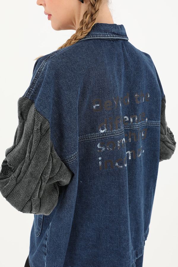 Kadın Triko Kol Detaylı Denim Ceket -32041CKT