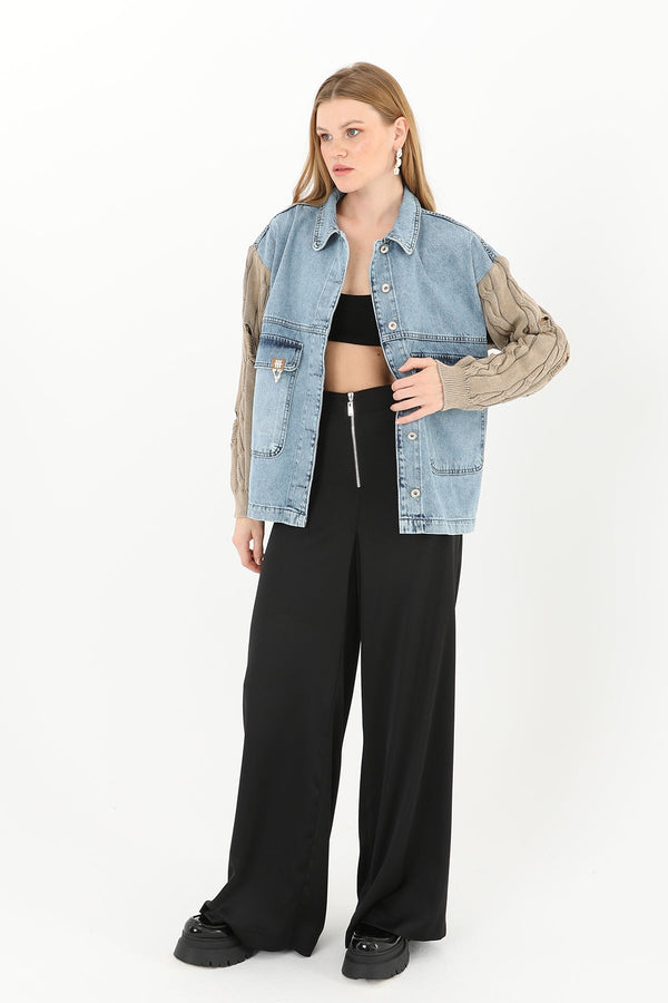 Kadın Triko Kol Detaylı Denim Ceket -32041CKT - MINK-LIGHT BLUE