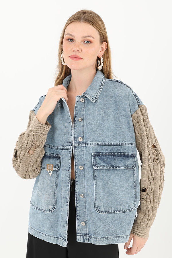 Kadın Triko Kol Detaylı Denim Ceket -32041CKT
