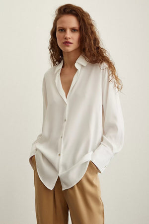 Likralı Saten Gömlek - Ekru