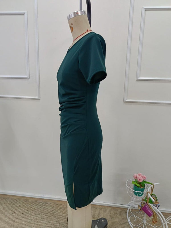 Rochie scurtă plisată din crep importat, cu mânecă scurtă și decolteu în V, pentru femei, 32132
