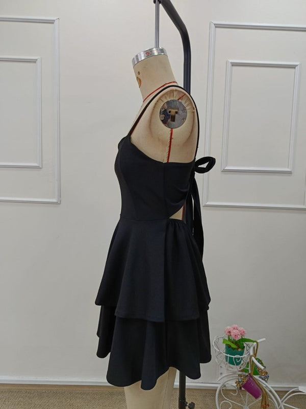 Rochie de damă din crep strălucitor, cu bretele și volane la spate, 32151