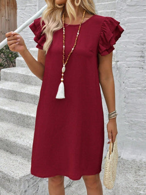 Rochie scurtă cu mânecă scurtă, guler rotund, cu volane, model creț, 32168