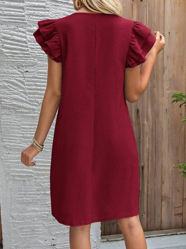 Rochie scurtă cu mânecă scurtă, guler rotund, cu volane, model creț, 32168