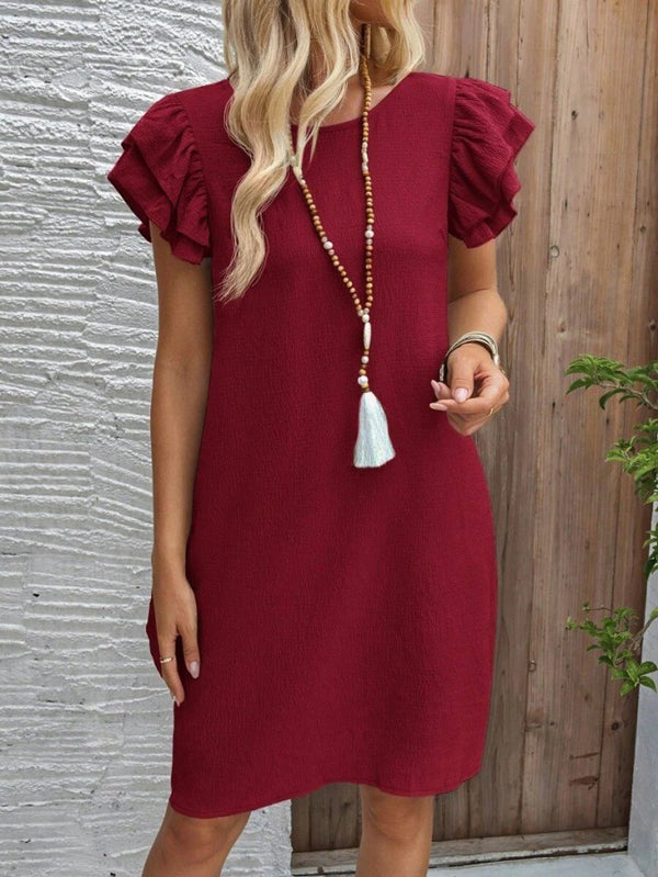 Rochie scurtă cu mânecă scurtă, guler rotund, cu volane, model creț, 32168