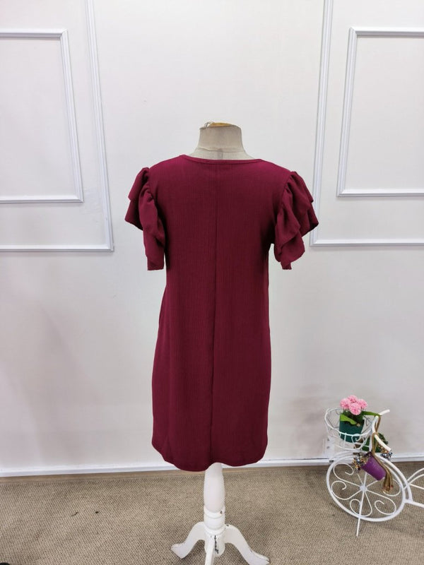 Rochie scurtă cu mânecă scurtă, guler rotund, cu volane, model creț, 32168