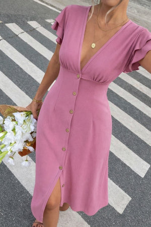 Kadın Kısa Kollu V Yakalı önden Düğmeli Bürümcük Midi Elbise, 32173
