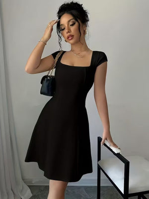 Rochie scurtă din crep importat, cu mânecă scurtă și decolteu pătrat, pentru femei, 33581
