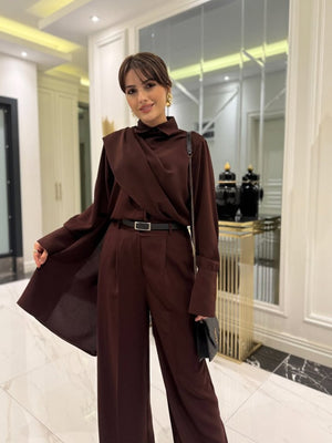 Set de bluză și pantaloni cu mânecă lungă pentru femei, cu detaliu șal, 32191