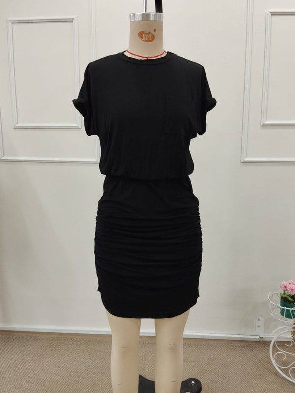 Rochie scurtă din viscoză pentru femei, cu mânecă scurtă, guler rotund și detalii cu buzunare, 32200