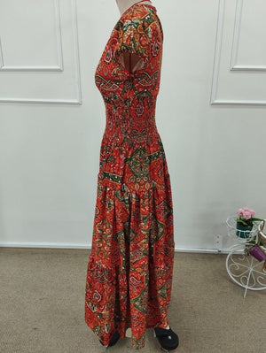 Kadın Kısa Kollu V Yakalı Beli Lastikli Uzun Süprem Elbise , 32213
