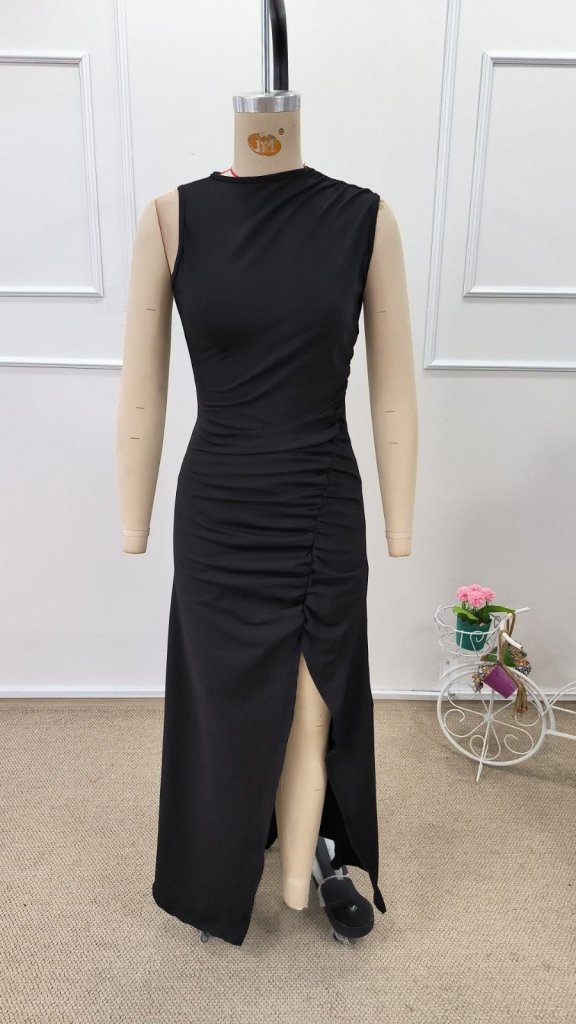 Rochie lungă de damă din material scuba, cu umeri goi, cu încrețituri laterale și crăpături, 32217
