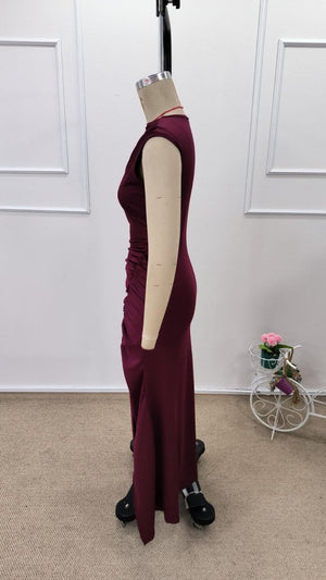 Rochie lungă de damă din material scuba, cu umeri goi, cu încrețituri laterale și crăpături, 32217