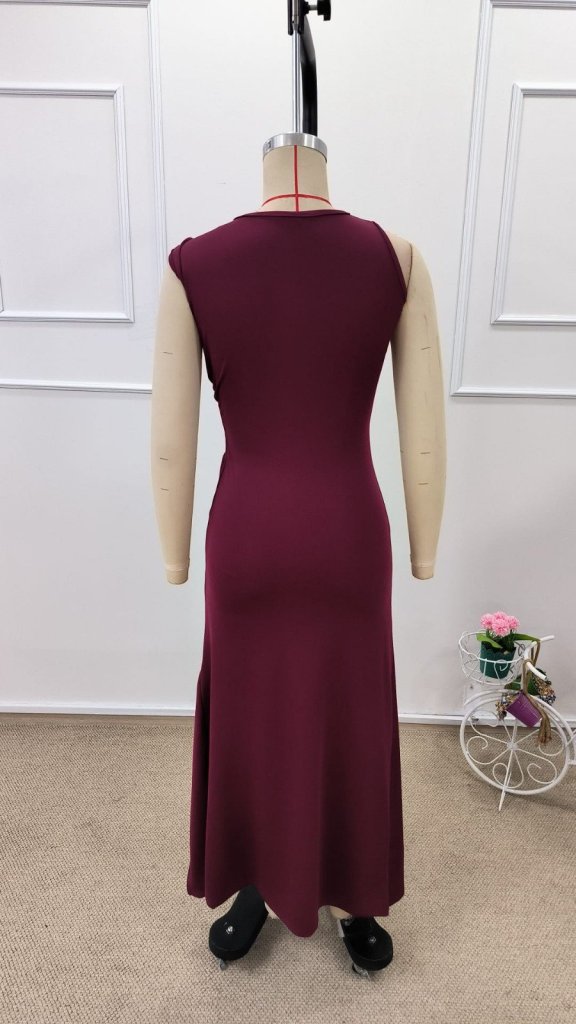 Rochie lungă de damă din material scuba, cu umeri goi, cu încrețituri laterale și crăpături, 32217