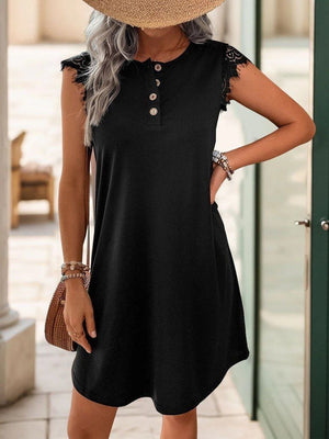 Rochie de damă din viscoză cu mânecă scurtă și dantelă, cu nasturi în față, 32231