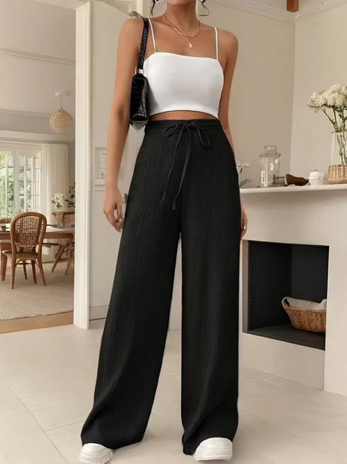 Pantaloni lungi cu croi larg și talie înaltă pentru femei, cu legături în față și detalii, 32299