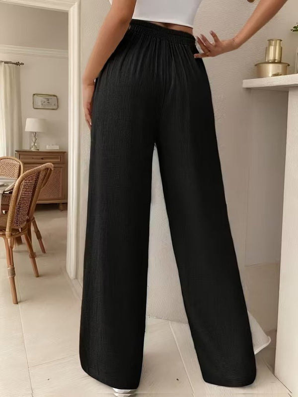 Pantaloni lungi cu croi larg și talie înaltă pentru femei, cu legături în față și detalii, 32299