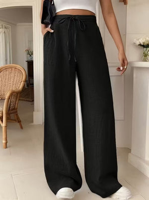 Pantaloni lungi cu croi larg și talie înaltă pentru femei, cu legături în față și detalii, 32299