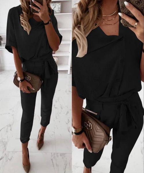 Set de două piese pentru femei, din crep, cu mânecă scurtă, guler și nasturi în față, format din bluză și pantaloni, 32305
