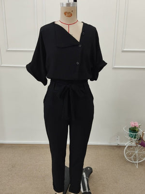 Set de două piese pentru femei, din crep, cu mânecă scurtă, guler și nasturi în față, format din bluză și pantaloni, 32305