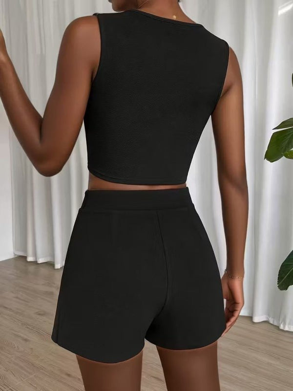 Set de două piese pentru femei, bluză scurtă evazată, cu guler rotund și bretele, fustă și pantaloni scurți, 32368