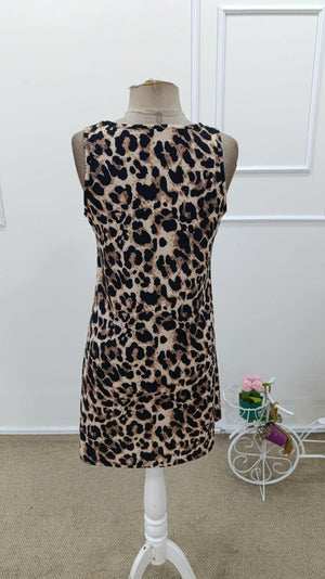 Kadın Askılı Yuvarlak Yakalı Kısa Leopar Desenli Süprem Elbise , 33156