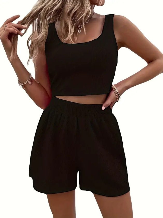 Kadın Askılı Yuvarlak Yakalı Burgu Krop Ve Bluz Short Ikili Takım , 32372