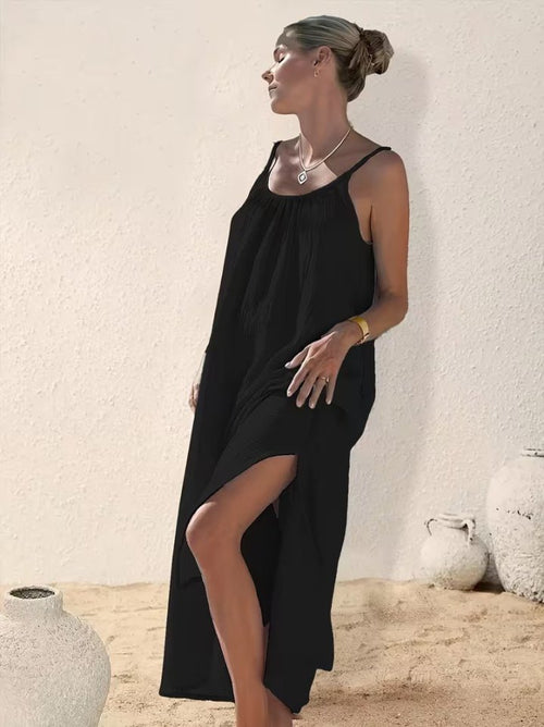 Rochie lungă musulmană pentru femei, cu bretele, decolteu rotund și crăpătură, 32378