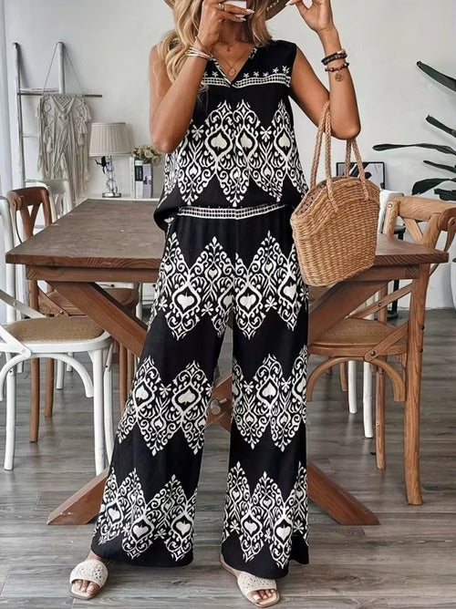 Set bluză și pantaloni cu bretele, decolteu în V și imprimeu pentru femei, 32464