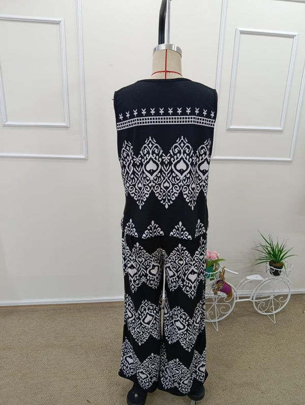 Set bluză și pantaloni cu bretele, decolteu în V și imprimeu pentru femei, 32464